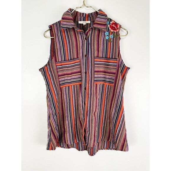 Andree by Unit Wome's Woven Striped Floral Sleeveless Button-Up Shirt Small - Picture 1 of 8
